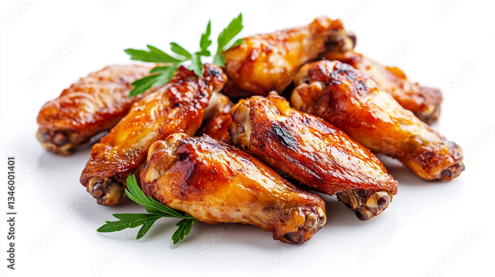 Grilled chicken wings isolated on a white background, close-up view with copy space for text Grilled chicken wings isolated on a white background, close-up view with copy space for text