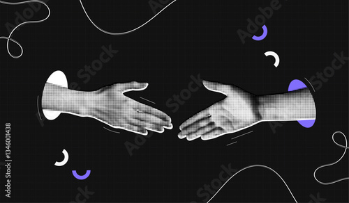 Trendy Halftone Collage Partner Handshake. Business agreement and teamwork. Cooperation concept. Make a deal. Shaking hands. Black modern background. Contemporary vector illustration art