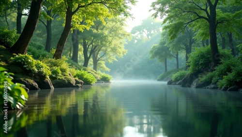 A serene forest scene with a tranquil lake, surrounded by lush greenery and towering trees