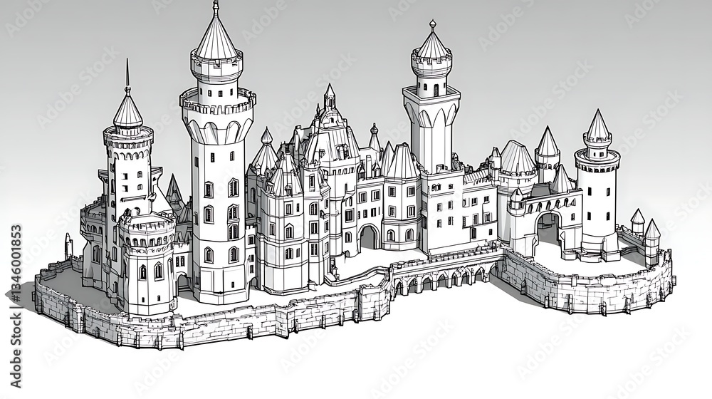 Fototapeta premium Line drawing of fairytale castle with towers on white background for architecture