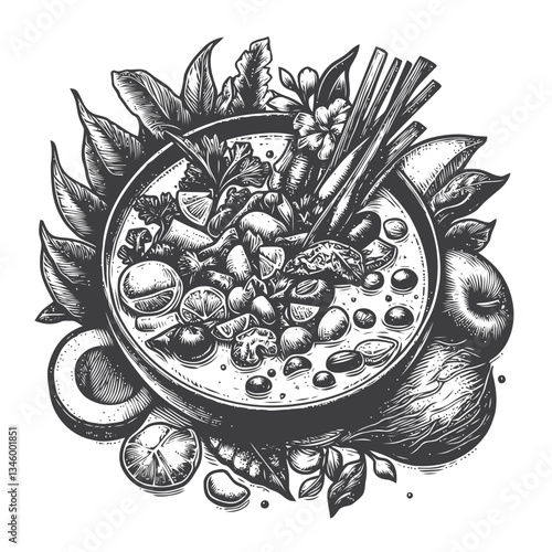 Beautifully illustrated Thai curry with vibrant vegetables and spices