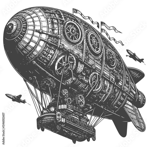 Beautifully detailed steampunk airship with visible gears and retro artistic elements