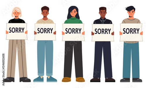 People different races holding SORRY sign board. Negative emotions, apologetic male or female characters. Flat vector illustration isolated on white background.