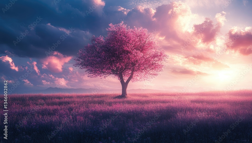 Pink tree, field, sunset Pink tree, field, sunset