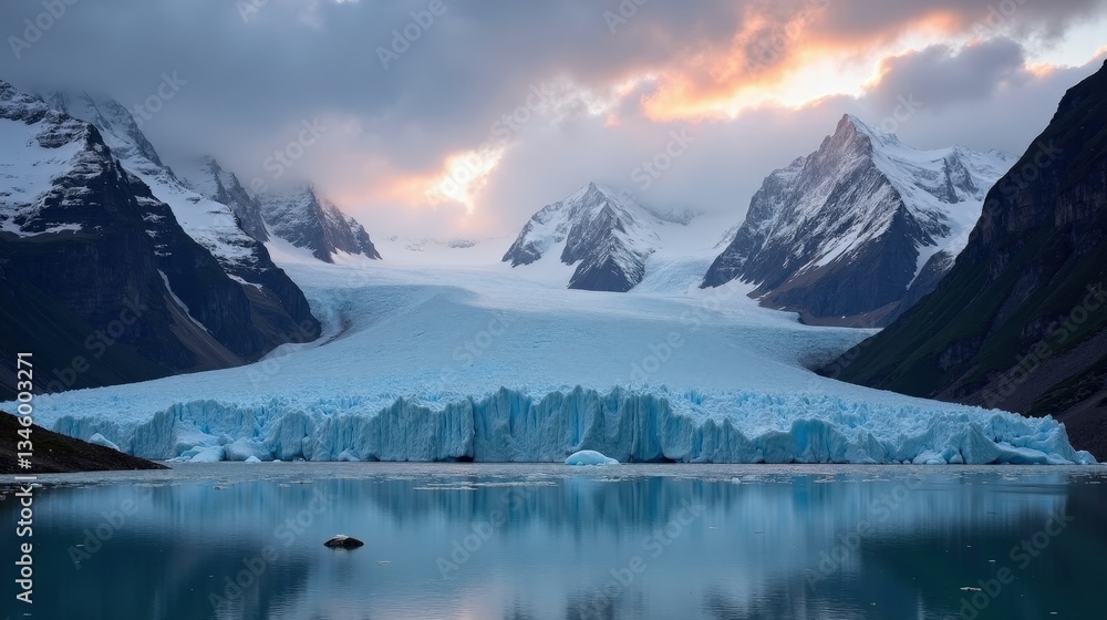 Gorner Glacier in Switzerland at dusk under cloudy skies. Soft, diffused light enhances the glacier’s icy textures while misty clouds partially cover the surrounding peaks. Gorner Glacier in Switzerland at dusk under cloudy skies. Soft, diffused light enhances the glacier’s icy textures while misty clouds partially cover the surrounding peaks.