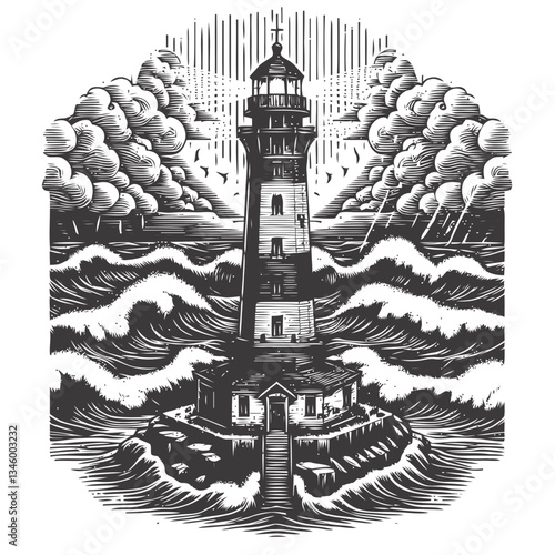 Nautical-themed lighthouse with stormy waves and dramatic cloud formations