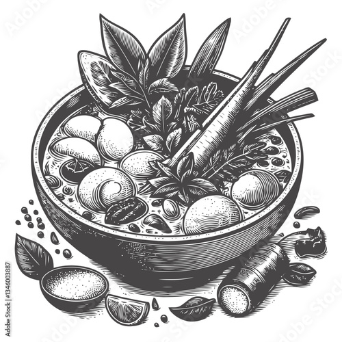 Hand-drawn depiction of Thai curry with vibrant vegetables and broth