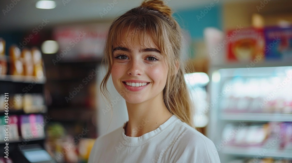 A woman with blonde hair and a white shirt is smiling in a store A woman with blonde hair and a white shirt is smiling in a store