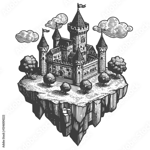 Classic medieval fortress floating above a scenic landscape on an island