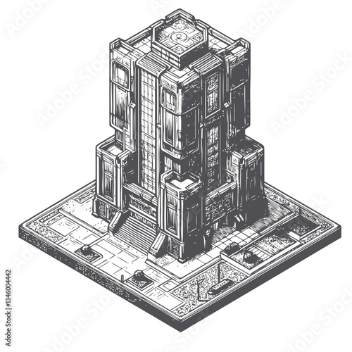 Urban futuristic skyscraper illustration with contemporary design and intricate details