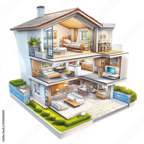 Modern House Interior Design: A Cutaway View Revealing Luxurious Living Spaces and Landscaping