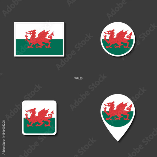Wales flag icon set in different shape (rectangle, circle, square and marker icon) on dark grey background. Wales sticker icon collection on barely dark background	
