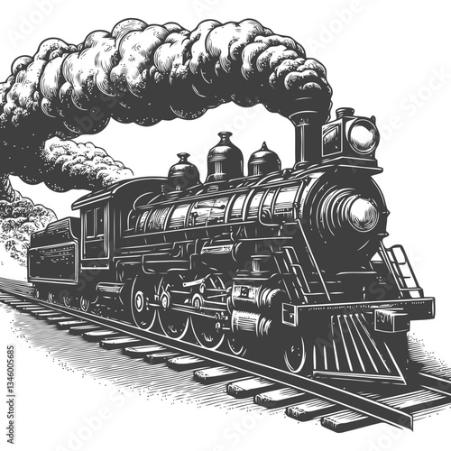 Artistic steam engine illustration with detailed smoke and vintage features