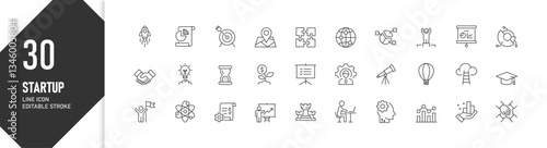 30 Startup Business Line Icons Set for Presentation, Strategy, and Growth Concept in Minimalist Style