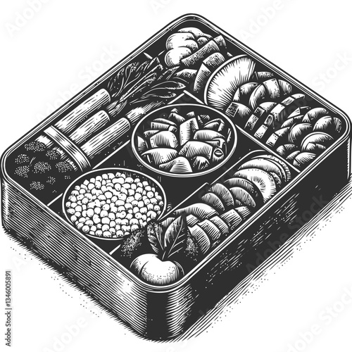 Neatly Organized Japanese Bento Box Artwork with Fresh Vegetables
