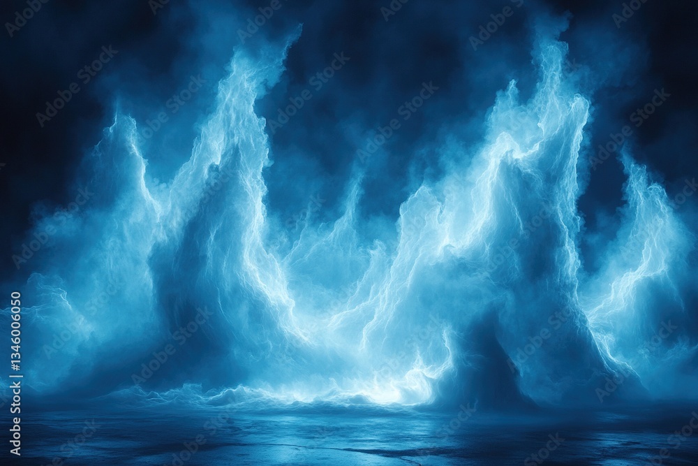 Dramatic blue smoke forms a powerful display against a dark background Dramatic blue smoke forms a powerful display against a dark background