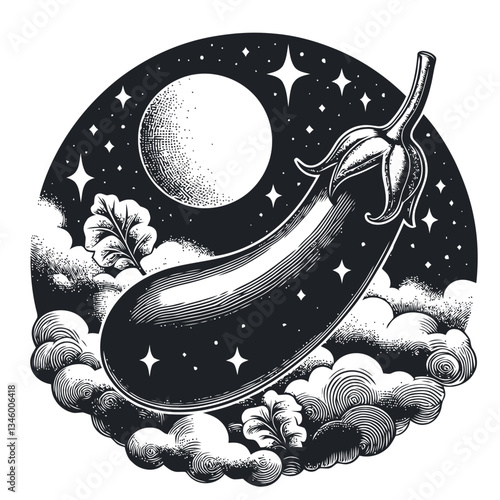Artistic engraving of a celestial eggplant floating among stars