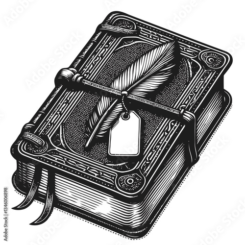 Artistic engraving of a leather journal with a well-worn bookmark design