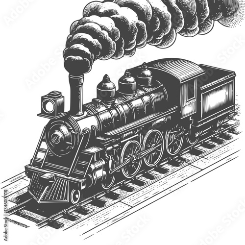 Artistic illustration of a classic steam locomotive with dramatic smoke trails
