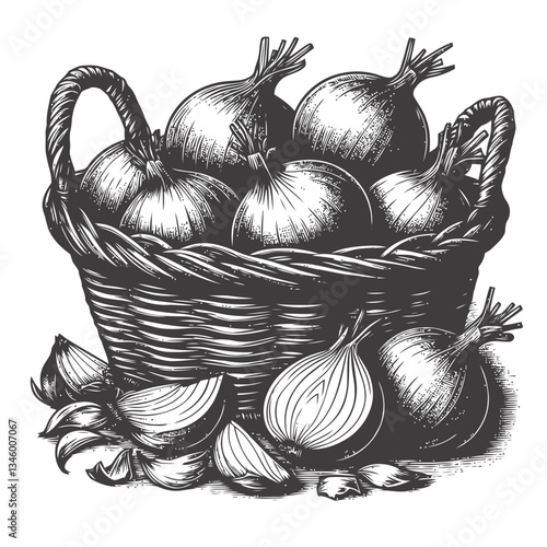 Woven basket of onions depicted with natural peeling skins
