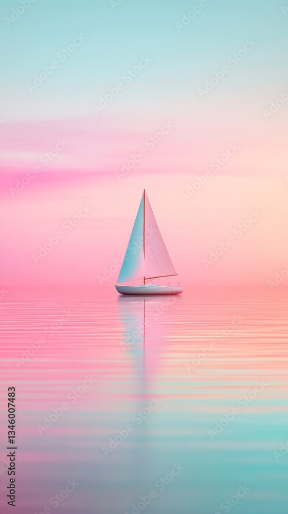 Obraz premium A serene sailboat drifts gently across calm waters. The pastel colors create a dreamlike atmosphere. Peaceful moments captured in a breathtaking scene. Generative AI
