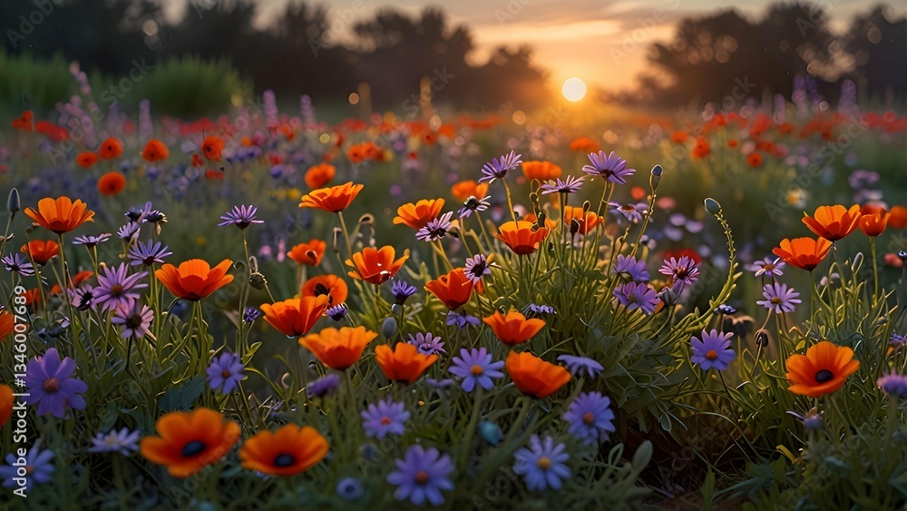 Obraz premium A beautiful cluster of wildflowers, featuring vibrant daisies, purple lavender, and red poppies, each petal kissed by fresh morning dew, bathed in the soft glow of the sunrise.