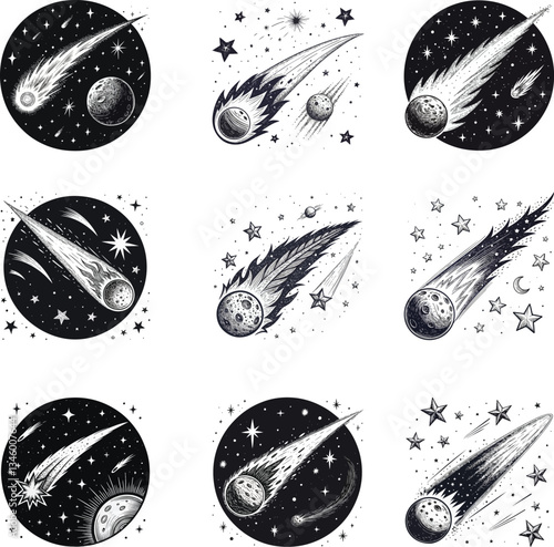 Vintage Comet Meteor Vector Illustration – Fiery Tail Stars Space Engraving Scratchboard Style
