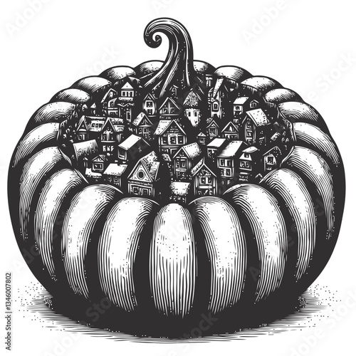 Charming countryside scene of a village enclosed within a pumpkin