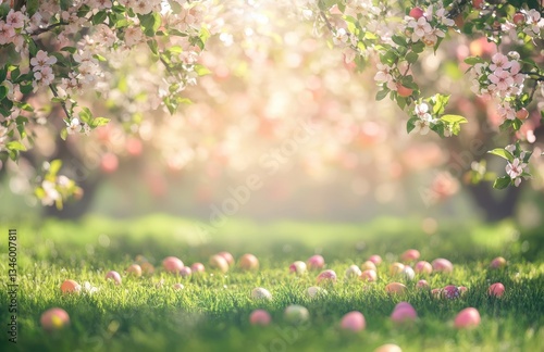 Beautiful spring landscape with blooming cherry tree branches, colorful Easter eggs scattered on fresh green grass under soft sunlight