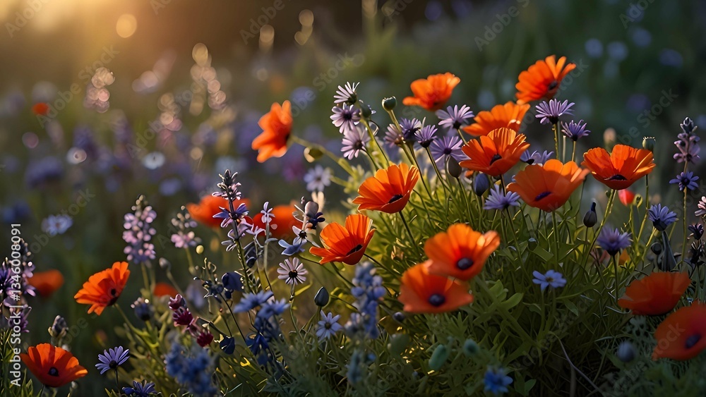 Obraz premium A beautiful cluster of wildflowers, featuring vibrant daisies, purple lavender, and red poppies, each petal kissed by fresh morning dew, bathed in the soft glow of the sunrise.