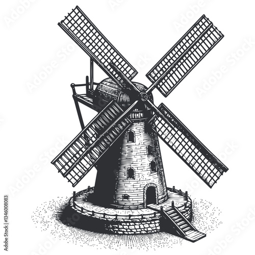 Detailed artistic rendering of a classic windmill with rotating blades and base