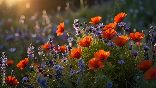 A beautiful cluster of wildflowers, featuring vibrant daisies, purple lavender, and red poppies, each petal kissed by fresh morning dew, bathed in the soft glow of the sunrise.