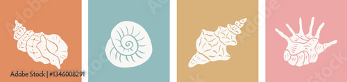 Vector template with seashells in pastel colors for trendy print, invitation, menu cover. Minimalist marine silhouettes. Summer coastal design elements. Tropical beach shells.