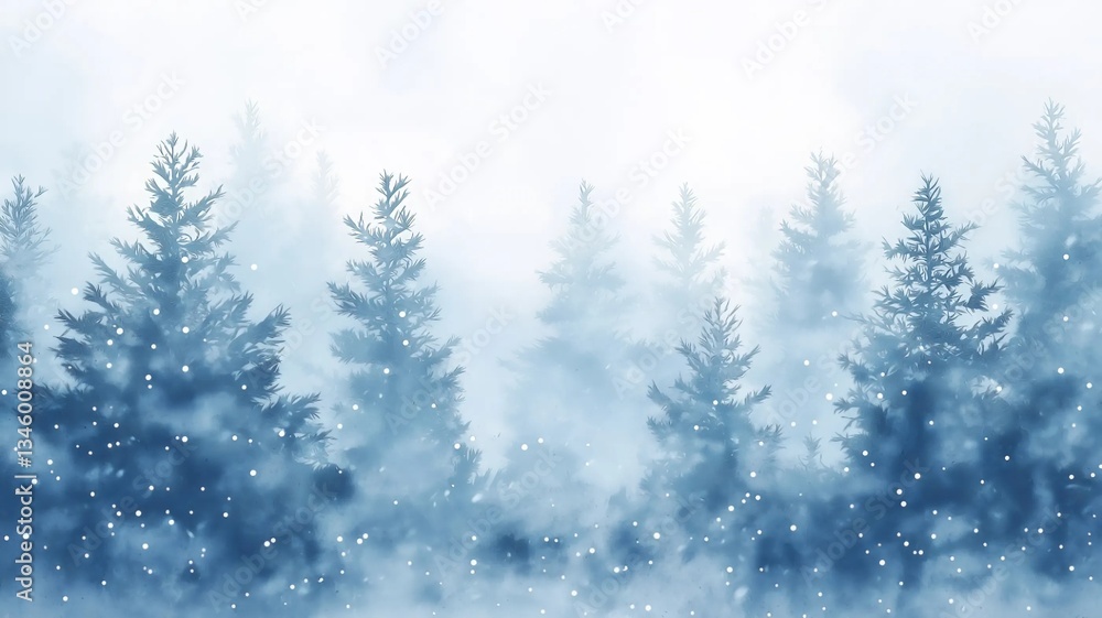 Obraz premium Watercolor painting of snowy trees, serene tones, in a winter forest, with copy space