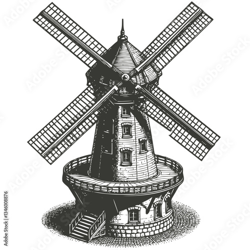 Hand-drawn depiction of a rural windmill with rotating blades and stone base