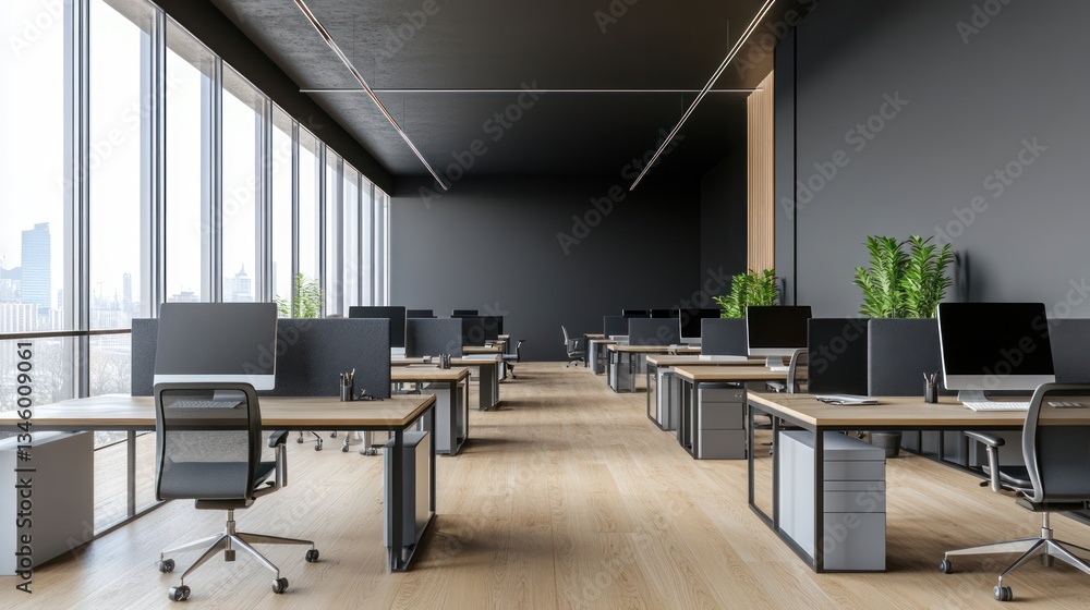 Fototapeta premium Modern office workspace with city view (1)