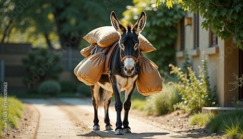 Donkey carrying large saddlebags walking down the path in green environment
