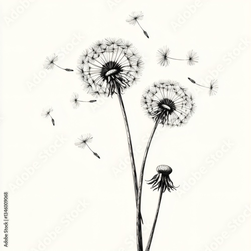 Wallpaper Mural A black and white drawing of two dandelions with one of them having a few seeds Torontodigital.ca