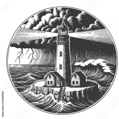 Dramatic lighthouse scene showcasing the power of storms and ocean waves