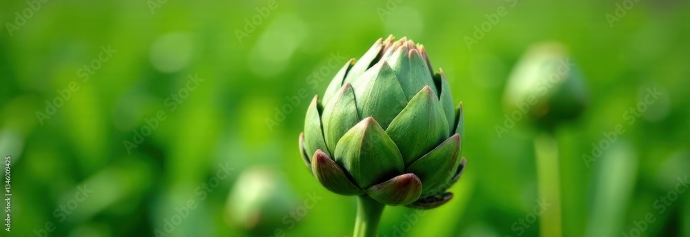 Fototapeta premium Artichoke bud growing in green field with copy space banner