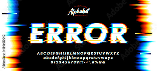 Futuristic digital distortion font and alphabet. Text with screen glitch VHS effect. Vector illustration
