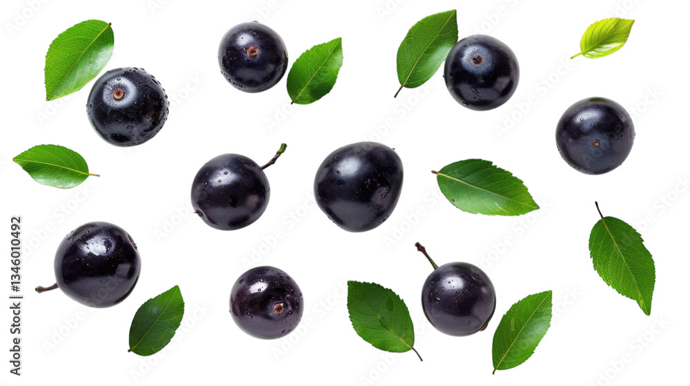 Dark grape fruits with leaves isolated on white Dark grape fruits with leaves isolated on white