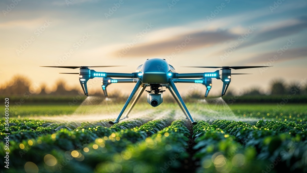 Drone spraying crops at sunset in a lush green agricultural field Drone spraying crops at sunset in a lush green agricultural field
