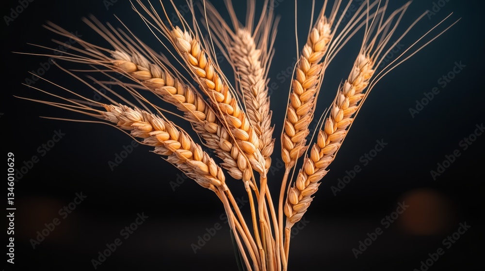 Fototapeta premium Bunch of golden wheat is shown in a close up