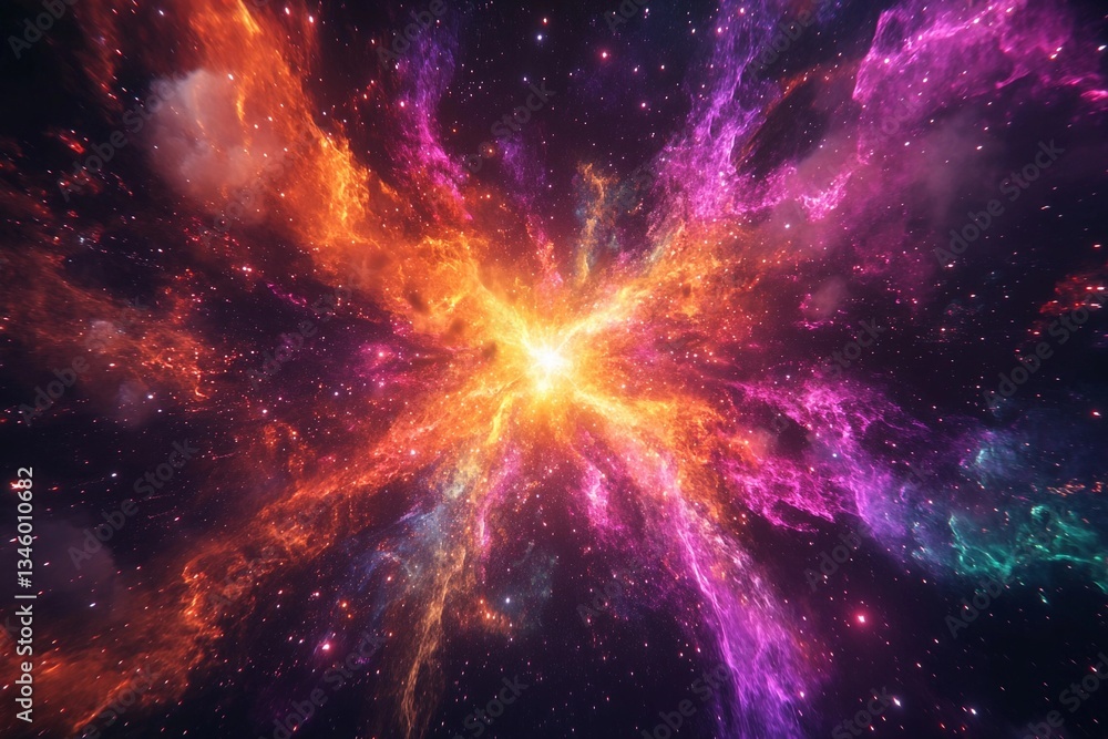 Cosmic explosion showcasing vibrant colors and swirling particles in deep space Cosmic explosion showcasing vibrant colors and swirling particles in deep space