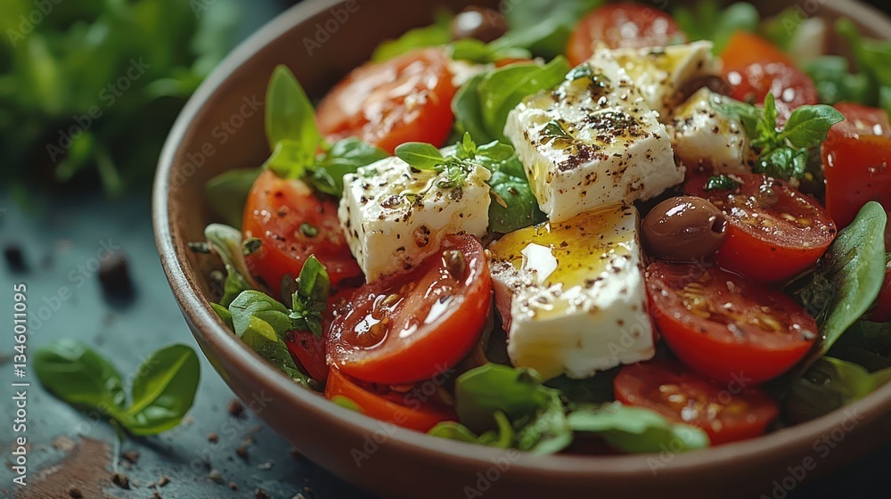 Freshly prepared salad with cherry tomatoes, feta cheese, and herbs in a rustic bowl, with greens Freshly prepared salad with cherry tomatoes, feta cheese, and herbs in a rustic bowl, with greens