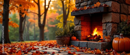 Fototapeta Naklejka Na Ścianę i Meble -  A cozy autumn scene with a warm fireplace and vibrant fall leaves