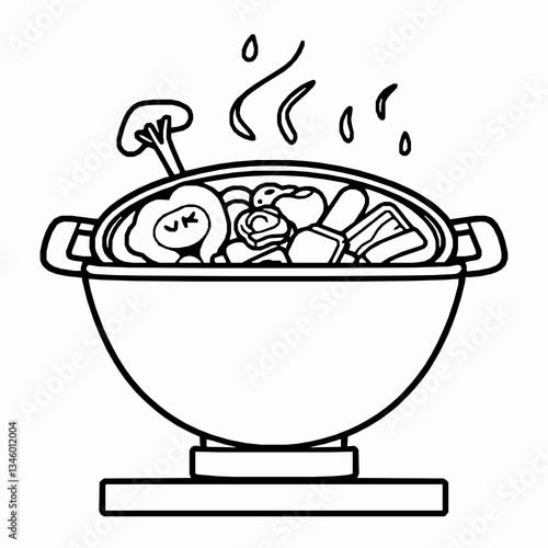 black outline vector of a sizzling hot pot with ingredients like mushrooms, tofu, and meat