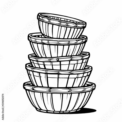 black outline vector of a set of Chinese dim sum bamboo baskets stacked high