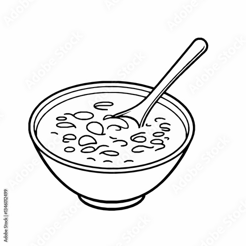 black outline vector of a bowl of Chinese congee with a spoon inside